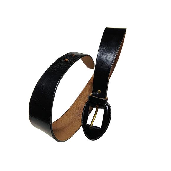 1980s Black Leather Cinching Belt Leather Wrapped Oval Buckle Brass Hardware main image 4
